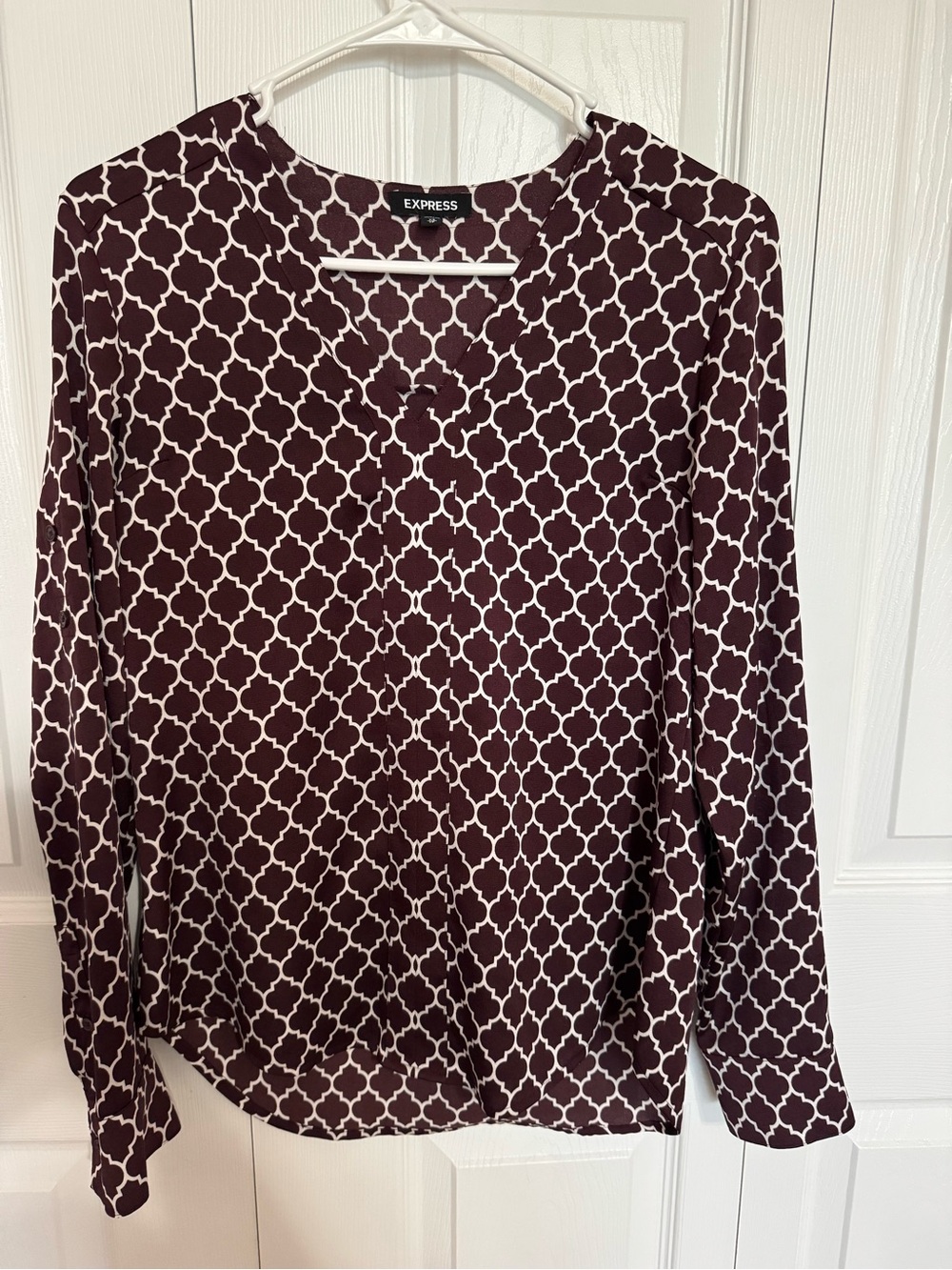 Express Women's Burgundy and White Geometric Long-Sleeve Blouse